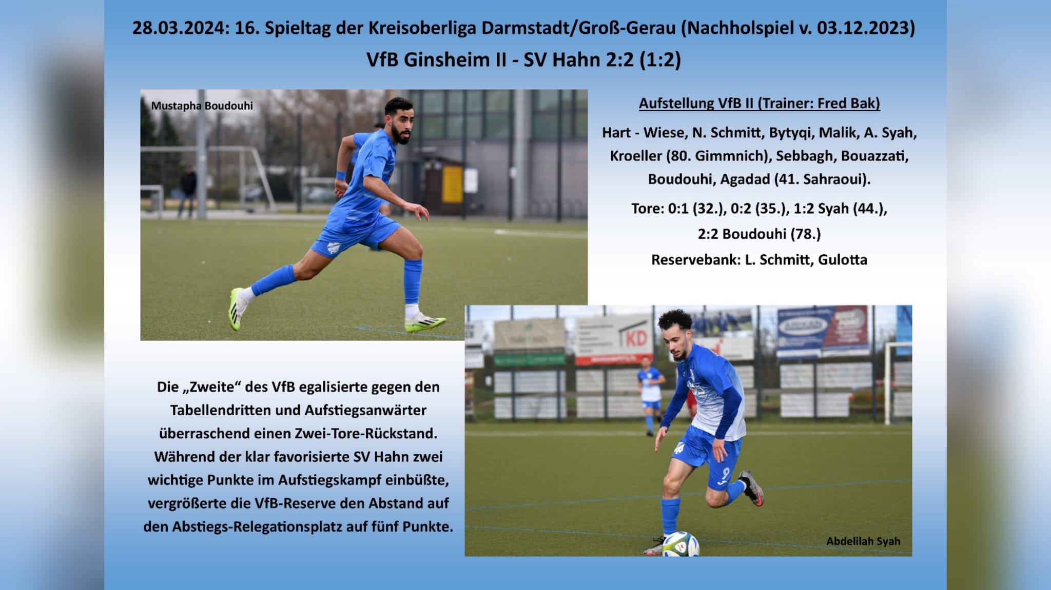 Read more about the article VfB Ginsheim II – SV Hahn 2:2 (1:2)
