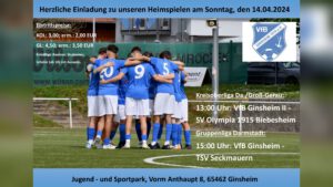Read more about the article 27. Spieltag der Gruppenliga Darmstadt: VfB Ginsheim – TSV Seckmauern – 23. Spieltag der Kreisoberliga Groß-Gerau: VfB Ginsheim II – SV Olympia 1915 Biebesheim